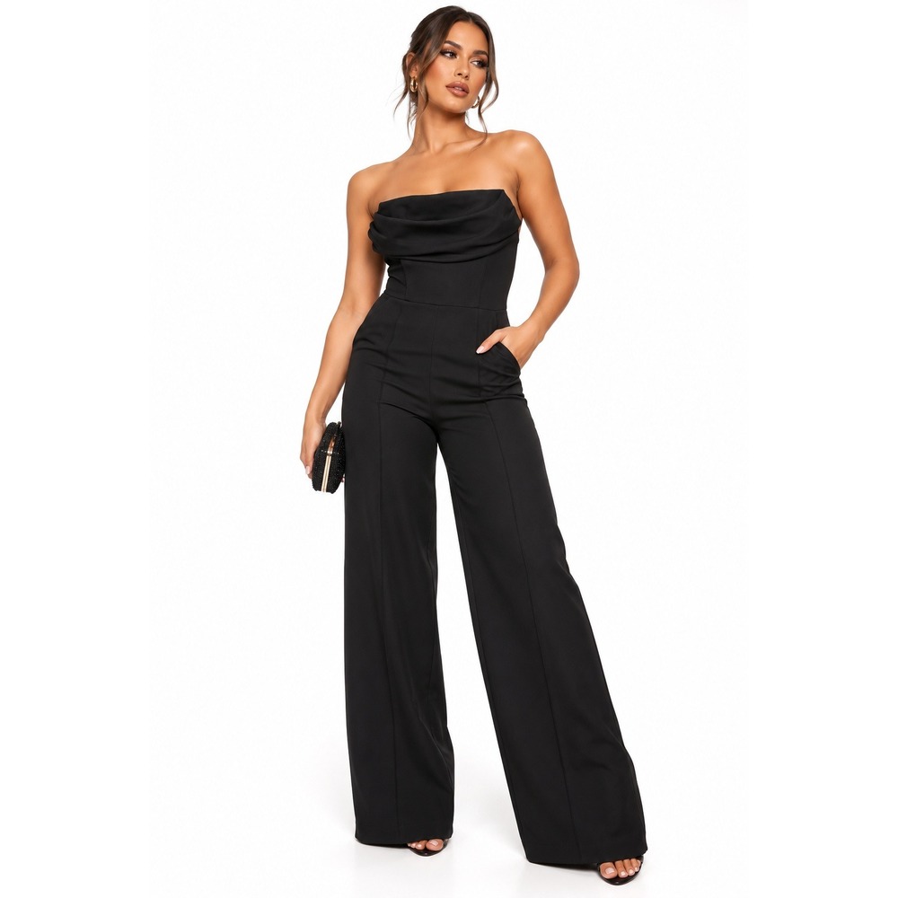 PrettyLittleThing Black Bandeau Cowl Neck Pocket Detailed Jumpsuit US 12 NEW